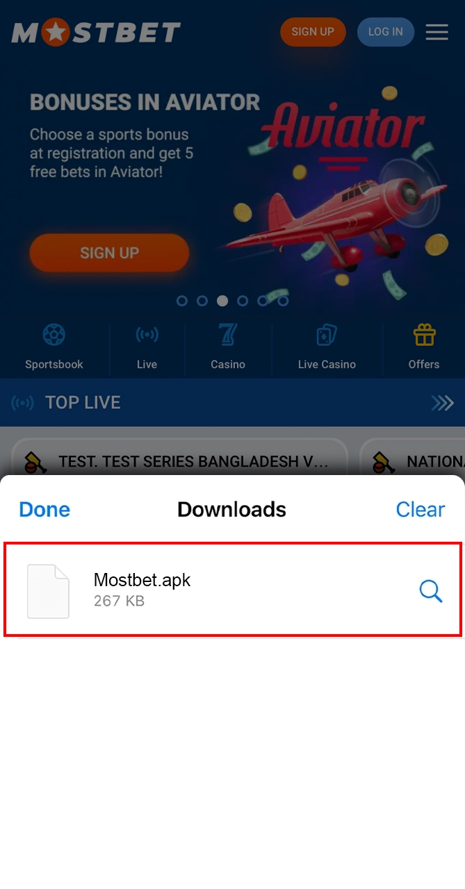Go to downloads and install the Mostbet file.