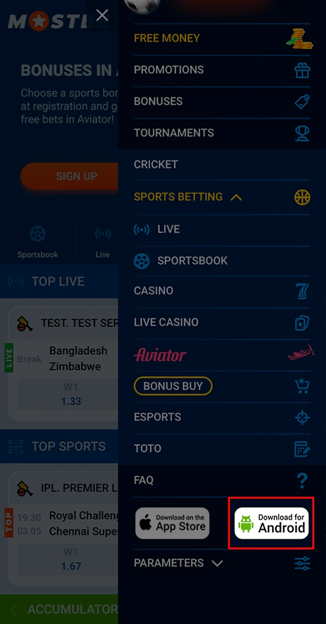 Click on the Android button to install the Mostbet app.