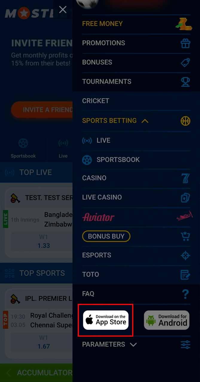 Open the Mostbet menu and tap on the iOS app.