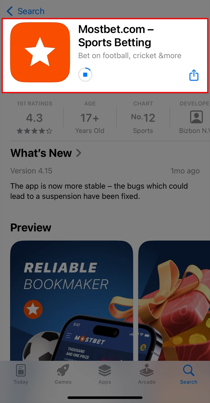 Start installing the Mostbet app from the App Store.