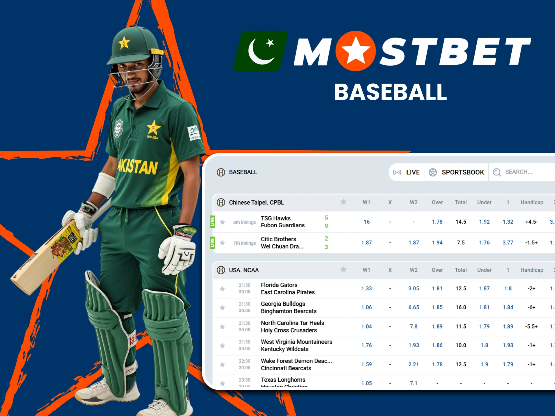 Place bets on baseball with Mostbet.