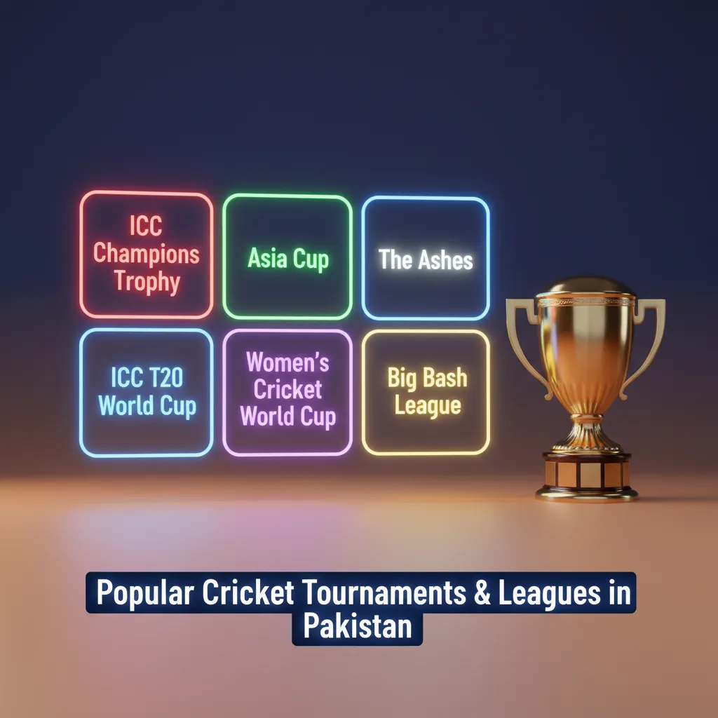 Infographic of Pakistan cricket tournaments and betting: PSL, ICC World Cups, Ashes, Asia Cup, global and domestic leagues