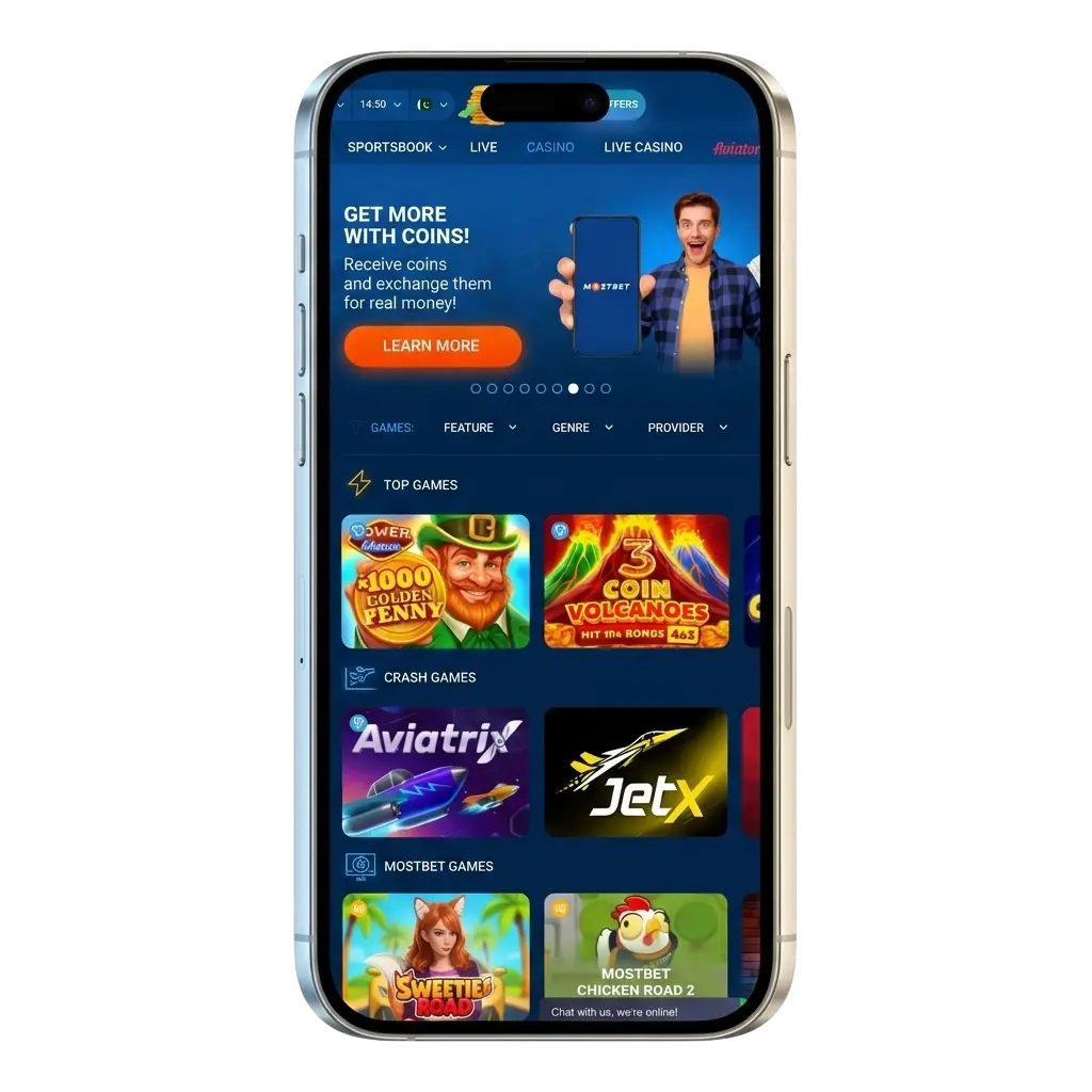 Mostbet mobile app for Android and iOS showing sports betting and casino features for Pakistani players with welcome bonus