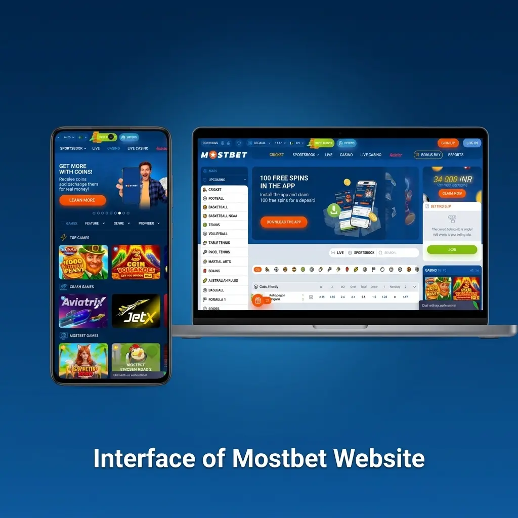 Mostbet website interface showing top navigation bar with sports betting, live casino, promotions and account settings for Pakistan users