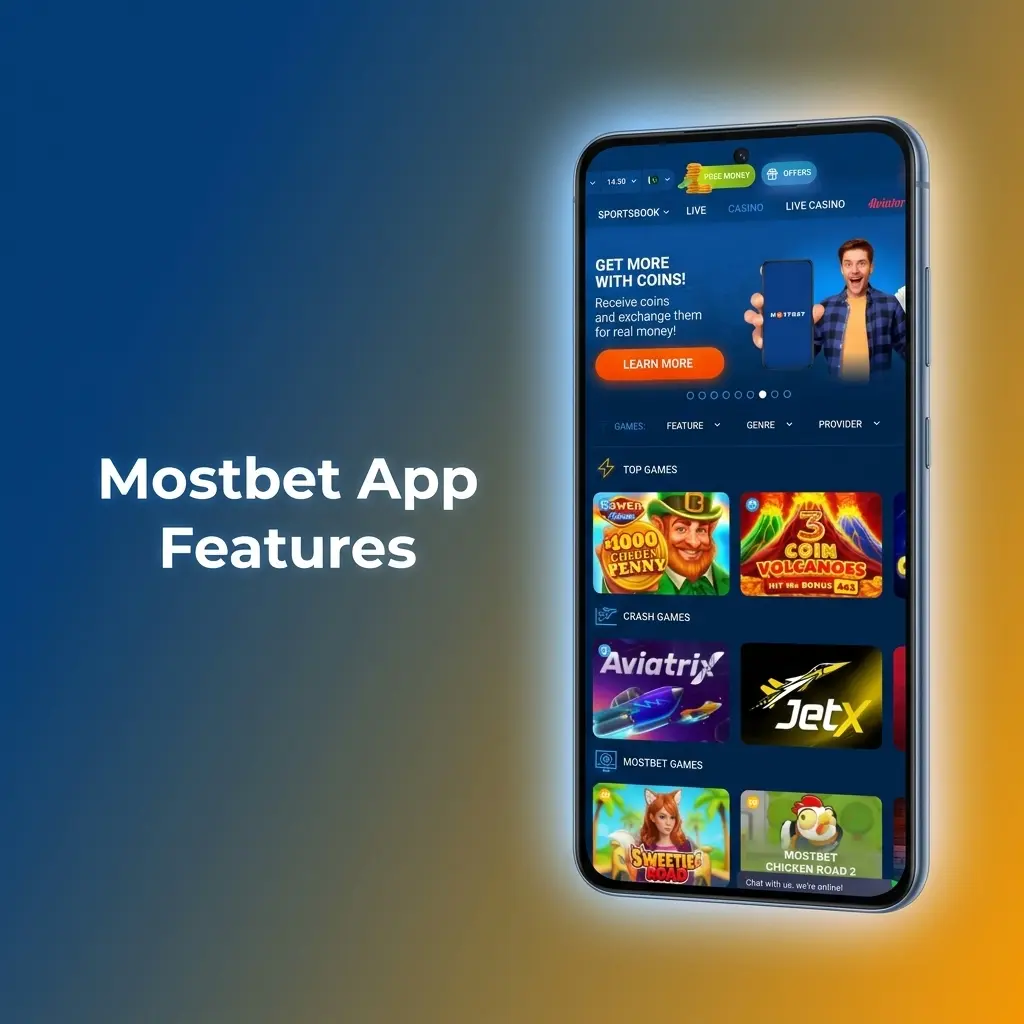Mostbet app interface showing sports betting, live casino, and account management features for Pakistani users