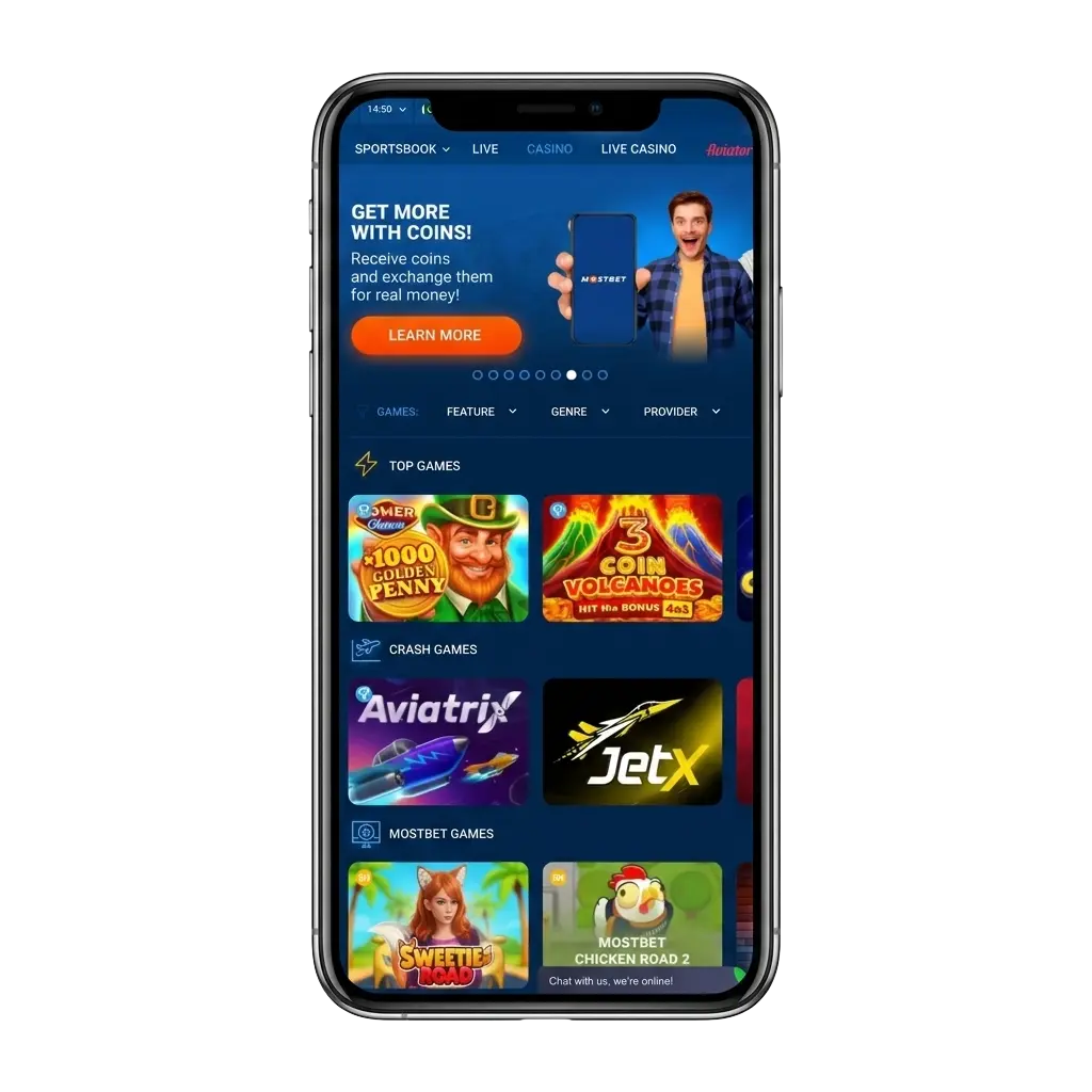 Mostbet iOS app for Pakistan players showing sports betting and casino games on iPhone with 125% welcome bonus